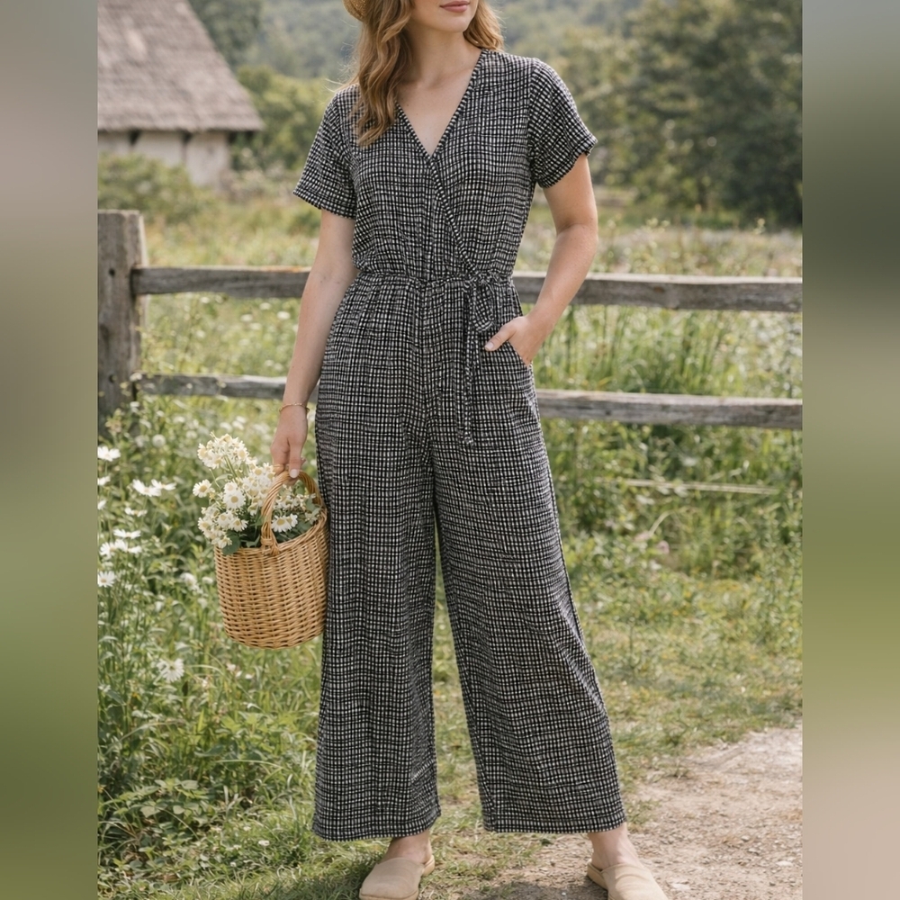 Caution to the Wind Black White Gingham Jumpsuit XS Youth 11/12 Wide Leg Romper